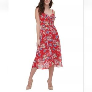 KENSIE Womens Red Floral Spaghetti Strap Ruffle Midi Dress Sz 6 NEW